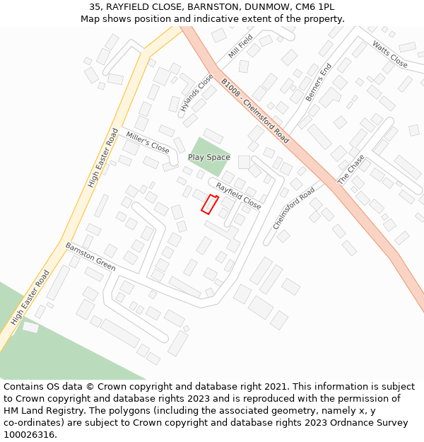 35, RAYFIELD CLOSE, BARNSTON, DUNMOW, CM6 1PL: Location map and indicative extent of plot