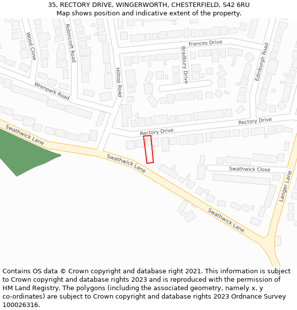 35, RECTORY DRIVE, WINGERWORTH, CHESTERFIELD, S42 6RU: Location map and indicative extent of plot