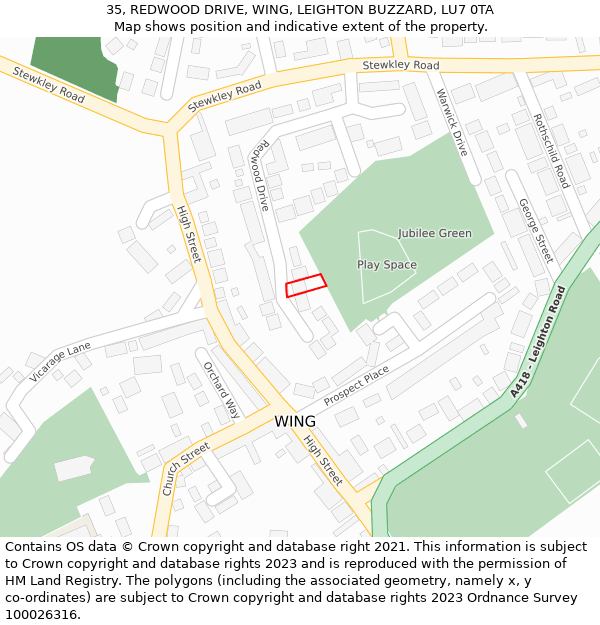 35, REDWOOD DRIVE, WING, LEIGHTON BUZZARD, LU7 0TA: Location map and indicative extent of plot