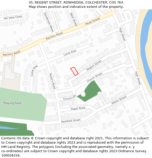 35, REGENT STREET, ROWHEDGE, COLCHESTER, CO5 7EA: Location map and indicative extent of plot