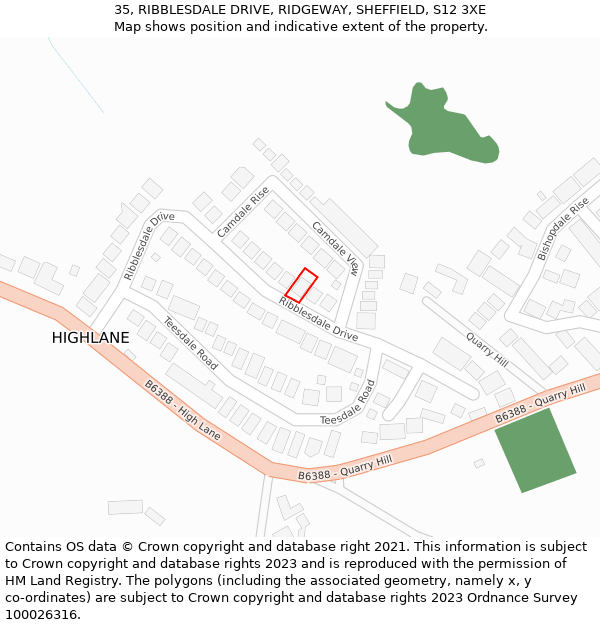 35, RIBBLESDALE DRIVE, RIDGEWAY, SHEFFIELD, S12 3XE: Location map and indicative extent of plot