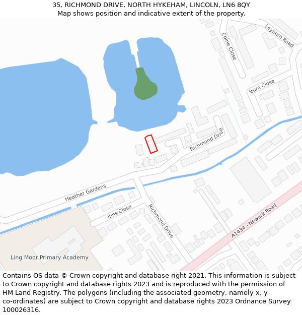 35, RICHMOND DRIVE, NORTH HYKEHAM, LINCOLN, LN6 8QY: Location map and indicative extent of plot