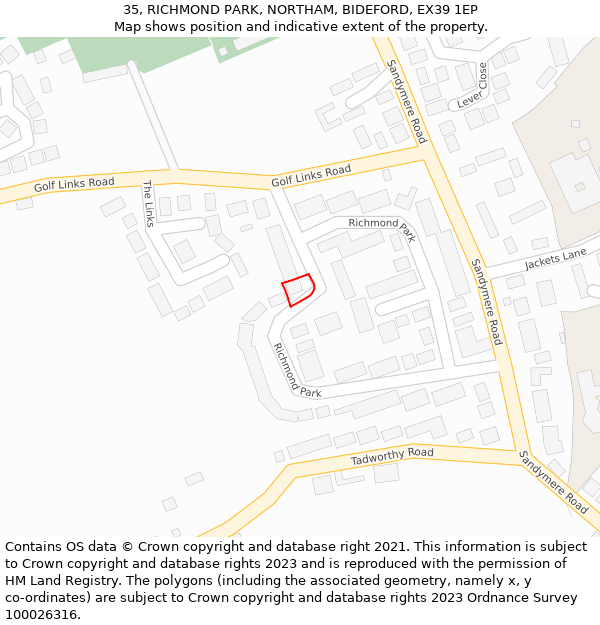 35, RICHMOND PARK, NORTHAM, BIDEFORD, EX39 1EP: Location map and indicative extent of plot