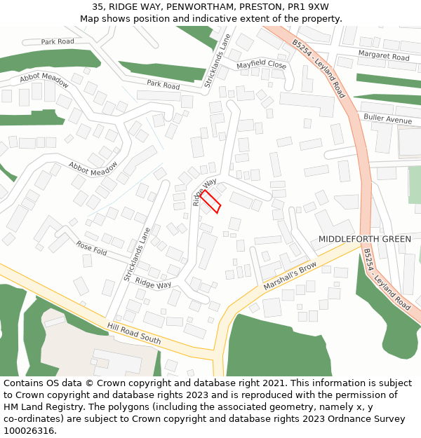 35, RIDGE WAY, PENWORTHAM, PRESTON, PR1 9XW: Location map and indicative extent of plot