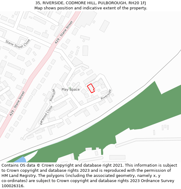 35, RIVERSIDE, CODMORE HILL, PULBOROUGH, RH20 1FJ: Location map and indicative extent of plot