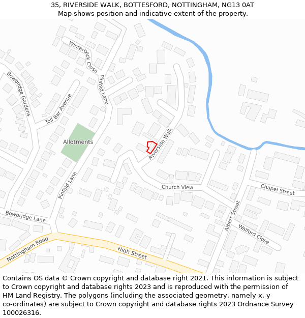 35, RIVERSIDE WALK, BOTTESFORD, NOTTINGHAM, NG13 0AT: Location map and indicative extent of plot
