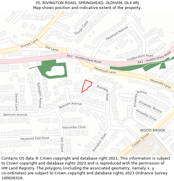 35, RIVINGTON ROAD, SPRINGHEAD, OLDHAM, OL4 4RJ: Location map and indicative extent of plot