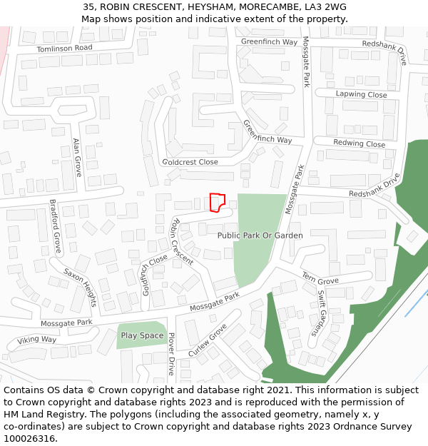 35, ROBIN CRESCENT, HEYSHAM, MORECAMBE, LA3 2WG: Location map and indicative extent of plot