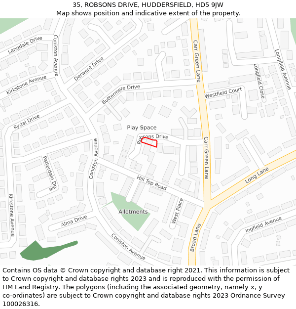 35, ROBSONS DRIVE, HUDDERSFIELD, HD5 9JW: Location map and indicative extent of plot