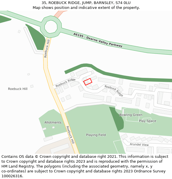 35, ROEBUCK RIDGE, JUMP, BARNSLEY, S74 0LU: Location map and indicative extent of plot