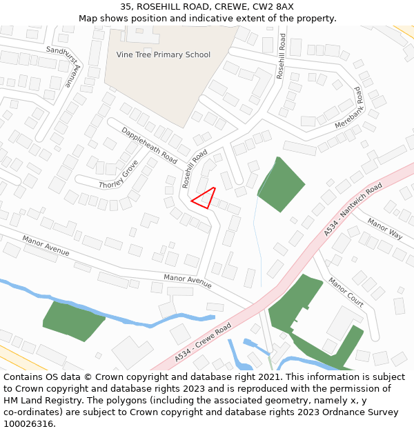 35, ROSEHILL ROAD, CREWE, CW2 8AX: Location map and indicative extent of plot