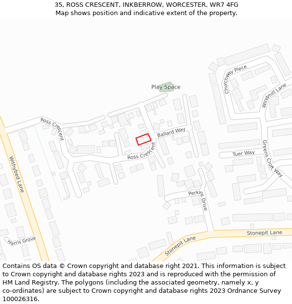 35, ROSS CRESCENT, INKBERROW, WORCESTER, WR7 4FG: Location map and indicative extent of plot