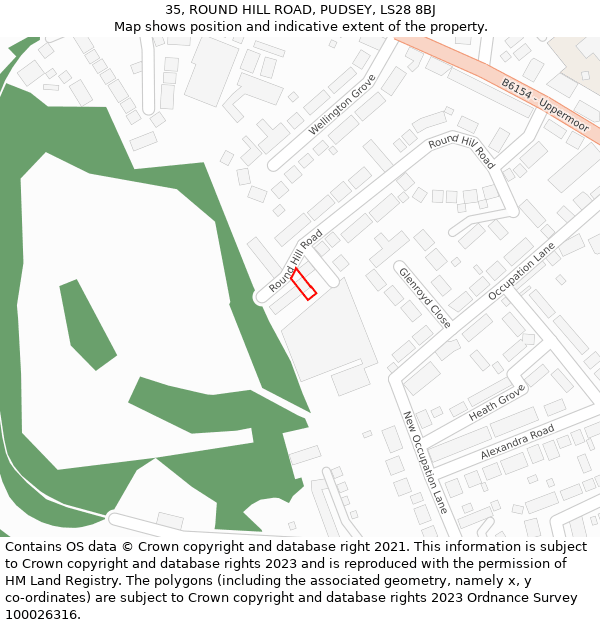 35, ROUND HILL ROAD, PUDSEY, LS28 8BJ: Location map and indicative extent of plot