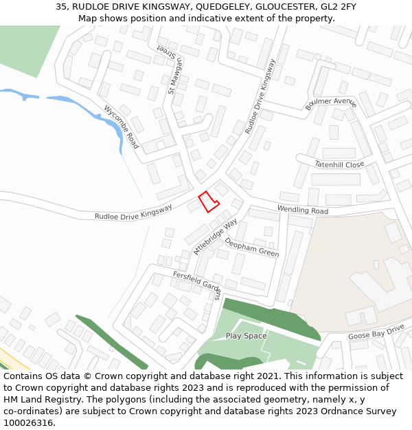 35, RUDLOE DRIVE KINGSWAY, QUEDGELEY, GLOUCESTER, GL2 2FY: Location map and indicative extent of plot