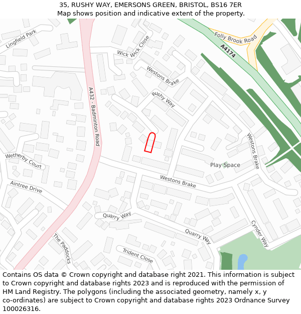 35, RUSHY WAY, EMERSONS GREEN, BRISTOL, BS16 7ER: Location map and indicative extent of plot