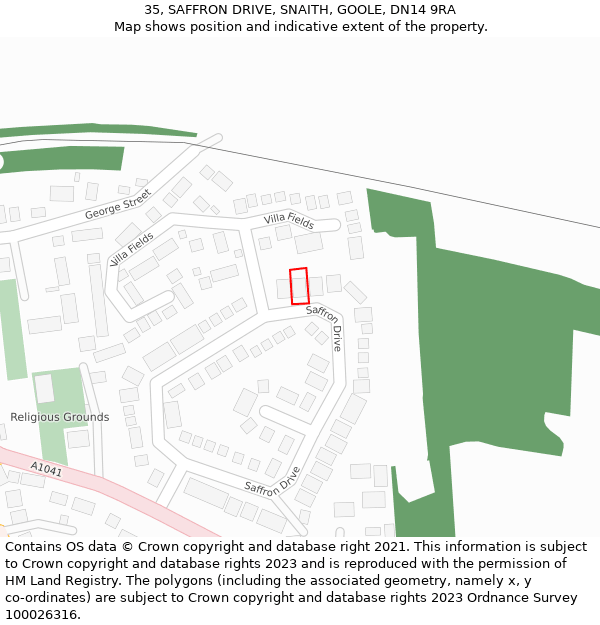 35, SAFFRON DRIVE, SNAITH, GOOLE, DN14 9RA: Location map and indicative extent of plot