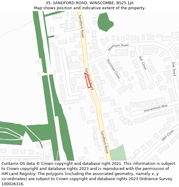 35, SANDFORD ROAD, WINSCOMBE, BS25 1JA: Location map and indicative extent of plot