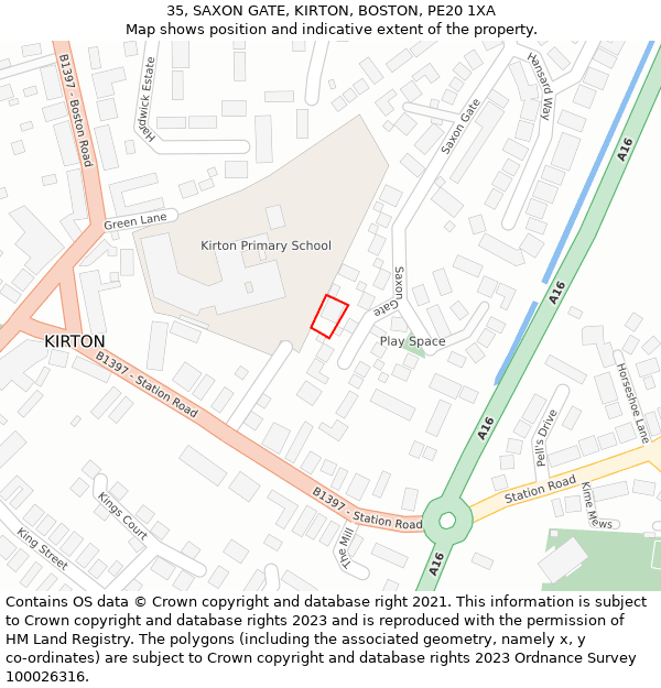 35, SAXON GATE, KIRTON, BOSTON, PE20 1XA: Location map and indicative extent of plot