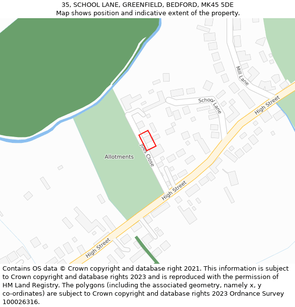 35, SCHOOL LANE, GREENFIELD, BEDFORD, MK45 5DE: Location map and indicative extent of plot