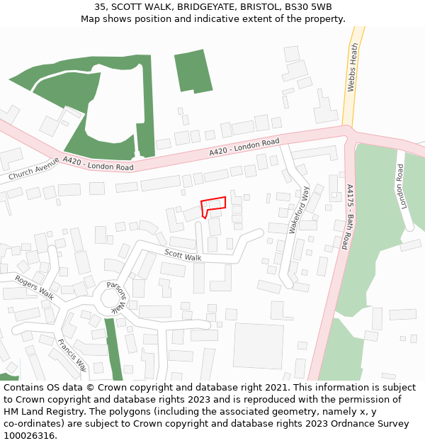 35, SCOTT WALK, BRIDGEYATE, BRISTOL, BS30 5WB: Location map and indicative extent of plot