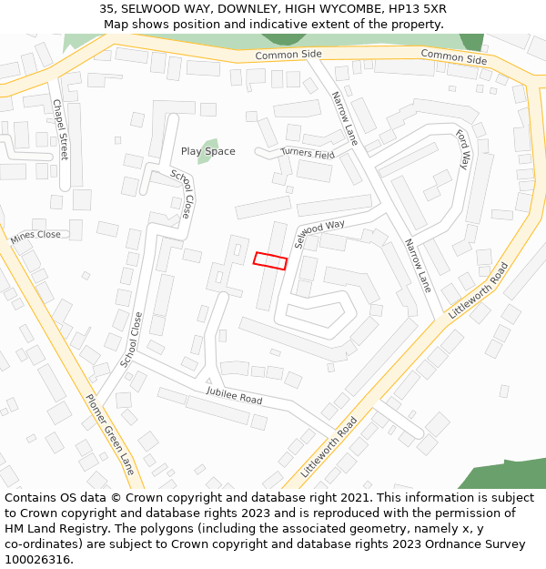 35, SELWOOD WAY, DOWNLEY, HIGH WYCOMBE, HP13 5XR: Location map and indicative extent of plot