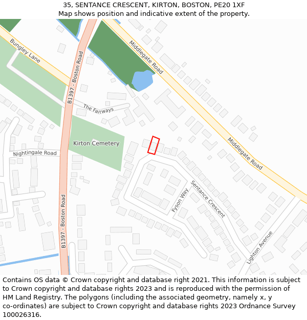 35, SENTANCE CRESCENT, KIRTON, BOSTON, PE20 1XF: Location map and indicative extent of plot