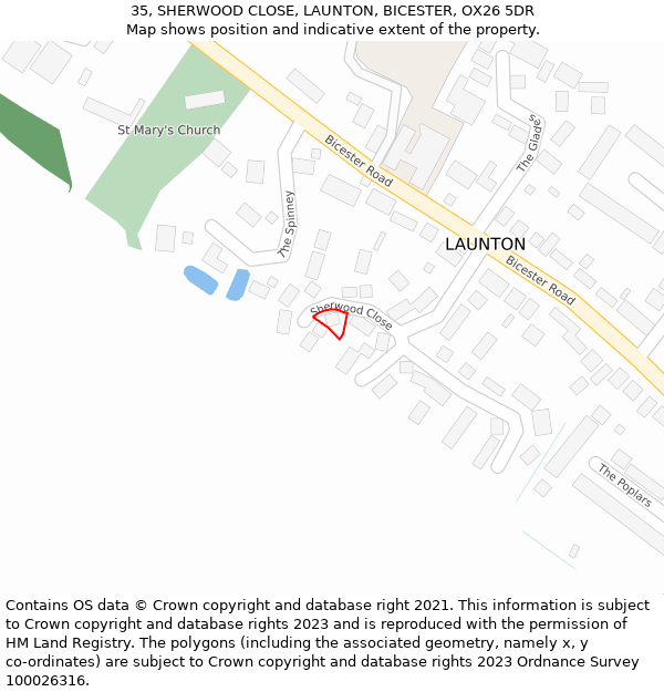 35, SHERWOOD CLOSE, LAUNTON, BICESTER, OX26 5DR: Location map and indicative extent of plot