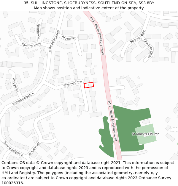 35, SHILLINGSTONE, SHOEBURYNESS, SOUTHEND-ON-SEA, SS3 8BY: Location map and indicative extent of plot