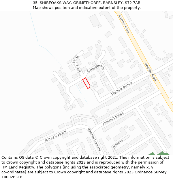 35, SHIREOAKS WAY, GRIMETHORPE, BARNSLEY, S72 7AB: Location map and indicative extent of plot