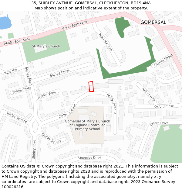 35, SHIRLEY AVENUE, GOMERSAL, CLECKHEATON, BD19 4NA: Location map and indicative extent of plot