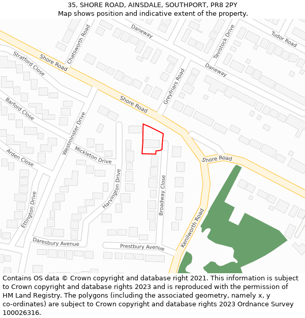 35, SHORE ROAD, AINSDALE, SOUTHPORT, PR8 2PY: Location map and indicative extent of plot