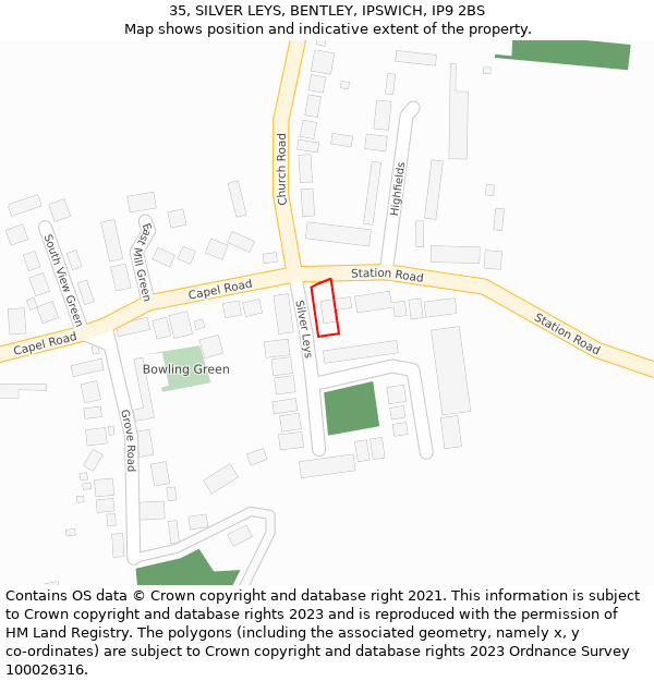 35, SILVER LEYS, BENTLEY, IPSWICH, IP9 2BS: Location map and indicative extent of plot