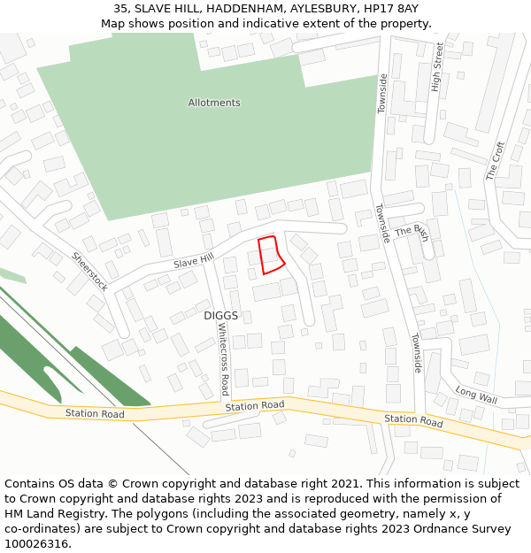 35, SLAVE HILL, HADDENHAM, AYLESBURY, HP17 8AY: Location map and indicative extent of plot