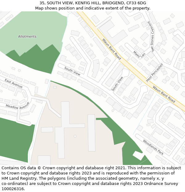 35, SOUTH VIEW, KENFIG HILL, BRIDGEND, CF33 6DG: Location map and indicative extent of plot