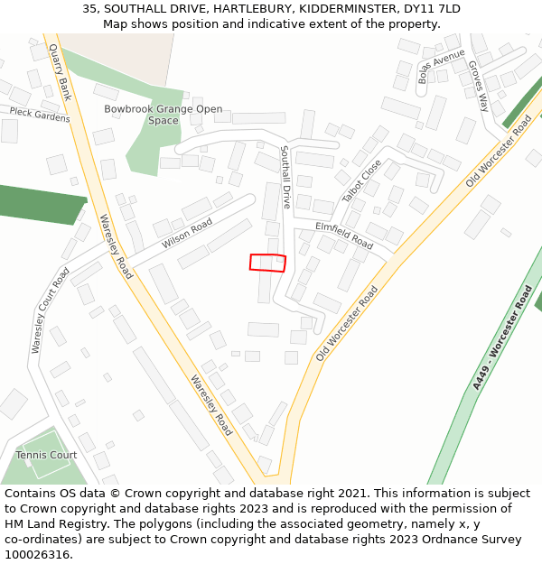 35, SOUTHALL DRIVE, HARTLEBURY, KIDDERMINSTER, DY11 7LD: Location map and indicative extent of plot