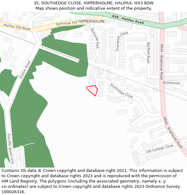 35, SOUTHEDGE CLOSE, HIPPERHOLME, HALIFAX, HX3 8DW: Location map and indicative extent of plot