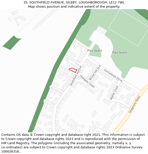 35, SOUTHFIELD AVENUE, SILEBY, LOUGHBOROUGH, LE12 7WL: Location map and indicative extent of plot