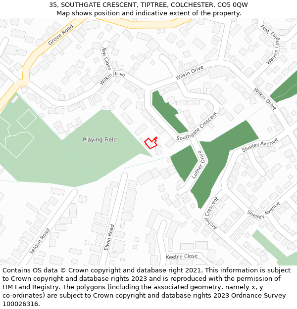 35, SOUTHGATE CRESCENT, TIPTREE, COLCHESTER, CO5 0QW: Location map and indicative extent of plot