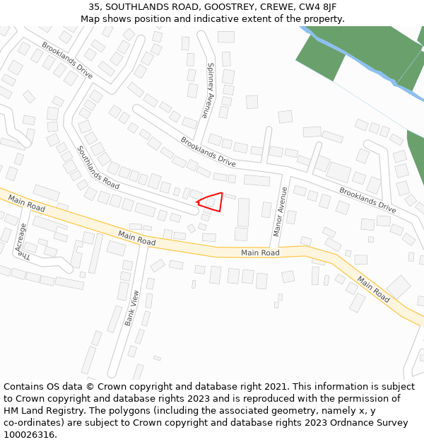 35, SOUTHLANDS ROAD, GOOSTREY, CREWE, CW4 8JF: Location map and indicative extent of plot