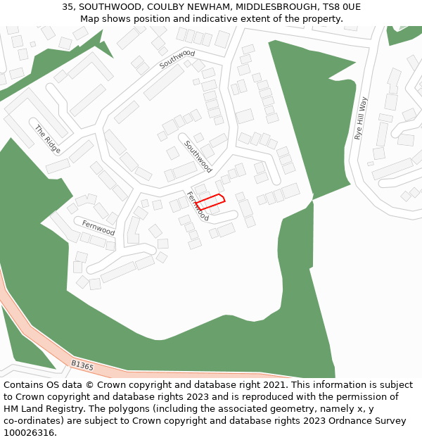 35, SOUTHWOOD, COULBY NEWHAM, MIDDLESBROUGH, TS8 0UE: Location map and indicative extent of plot