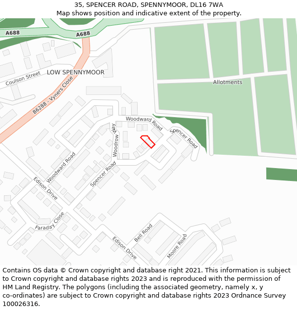 35, SPENCER ROAD, SPENNYMOOR, DL16 7WA: Location map and indicative extent of plot