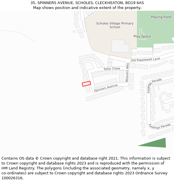35, SPINNERS AVENUE, SCHOLES, CLECKHEATON, BD19 6AS: Location map and indicative extent of plot
