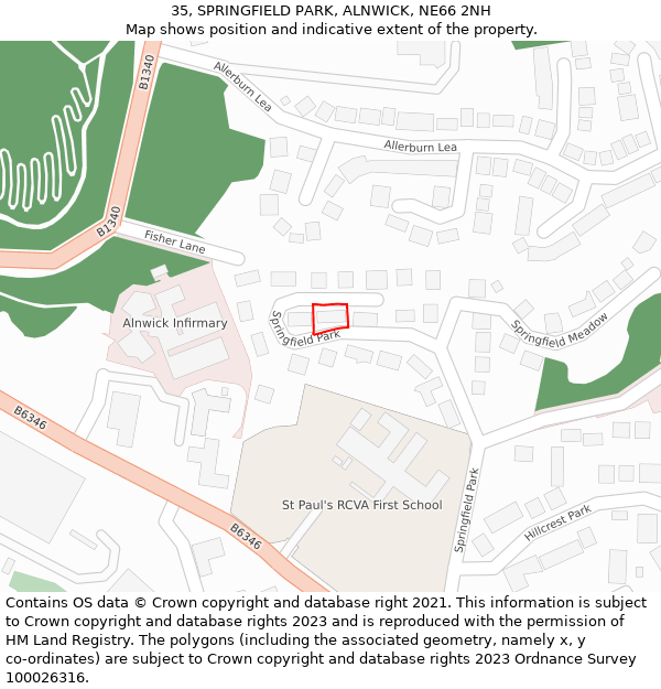 35, SPRINGFIELD PARK, ALNWICK, NE66 2NH: Location map and indicative extent of plot
