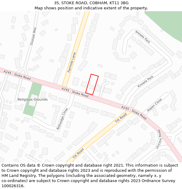 35, STOKE ROAD, COBHAM, KT11 3BG: Location map and indicative extent of plot