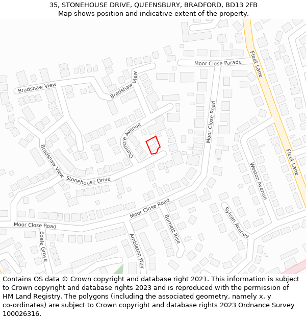 35, STONEHOUSE DRIVE, QUEENSBURY, BRADFORD, BD13 2FB: Location map and indicative extent of plot