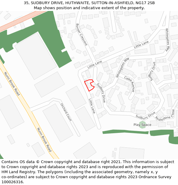 35, SUDBURY DRIVE, HUTHWAITE, SUTTON-IN-ASHFIELD, NG17 2SB: Location map and indicative extent of plot