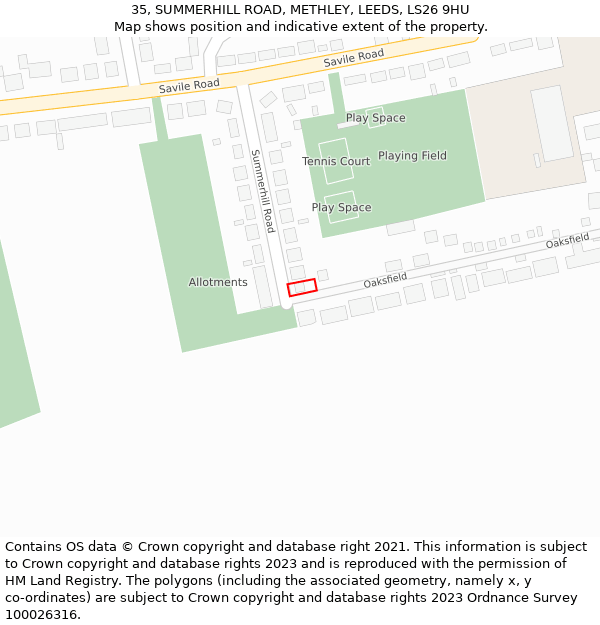 35, SUMMERHILL ROAD, METHLEY, LEEDS, LS26 9HU: Location map and indicative extent of plot