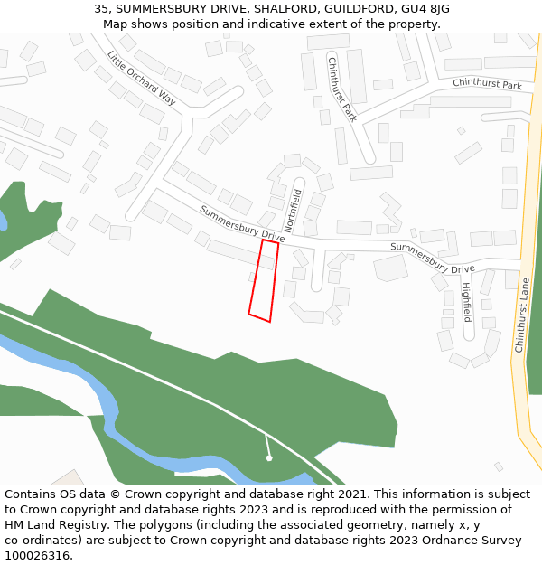 35, SUMMERSBURY DRIVE, SHALFORD, GUILDFORD, GU4 8JG: Location map and indicative extent of plot