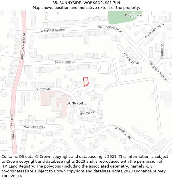 35, SUNNYSIDE, WORKSOP, S81 7LN: Location map and indicative extent of plot