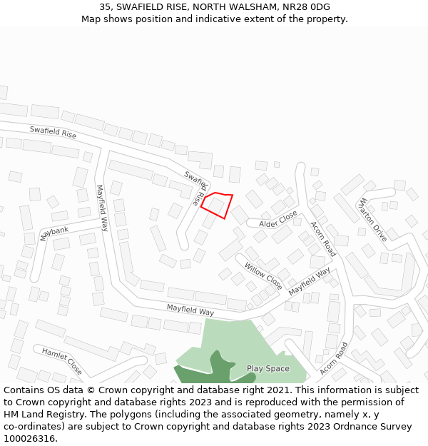 35, SWAFIELD RISE, NORTH WALSHAM, NR28 0DG: Location map and indicative extent of plot